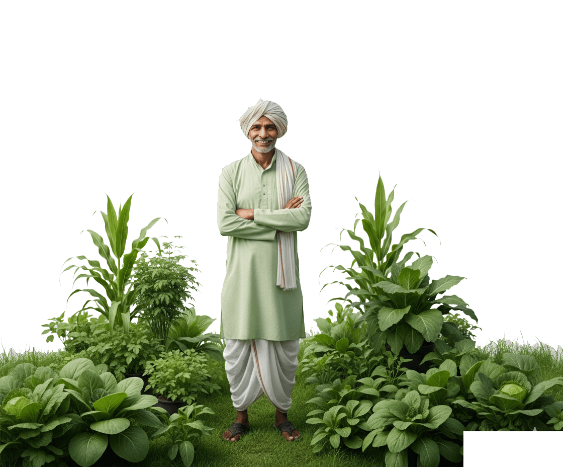 Farmer in traditional white clothing standing among lush green plants and crops