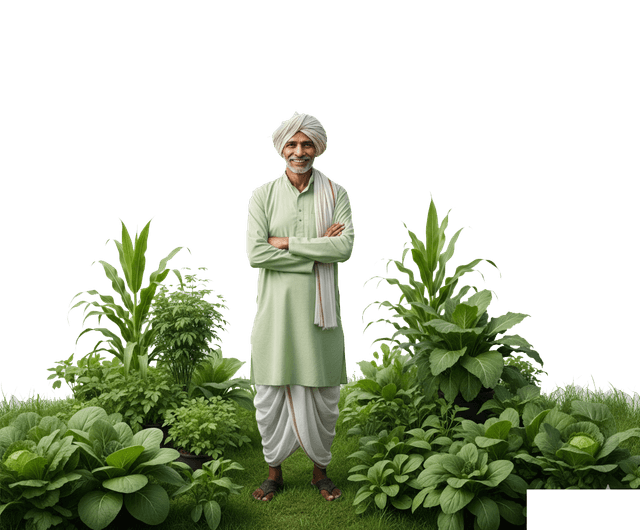 Farmer in traditional white clothing standing among lush green plants and crops