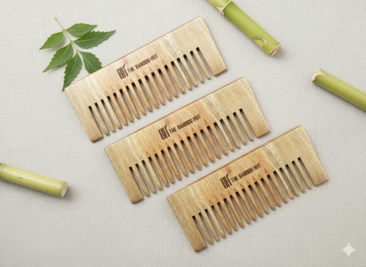 The Bamboo Hut Neem Wooden Shampoo Comb Trio – 3-Pack for Family Use